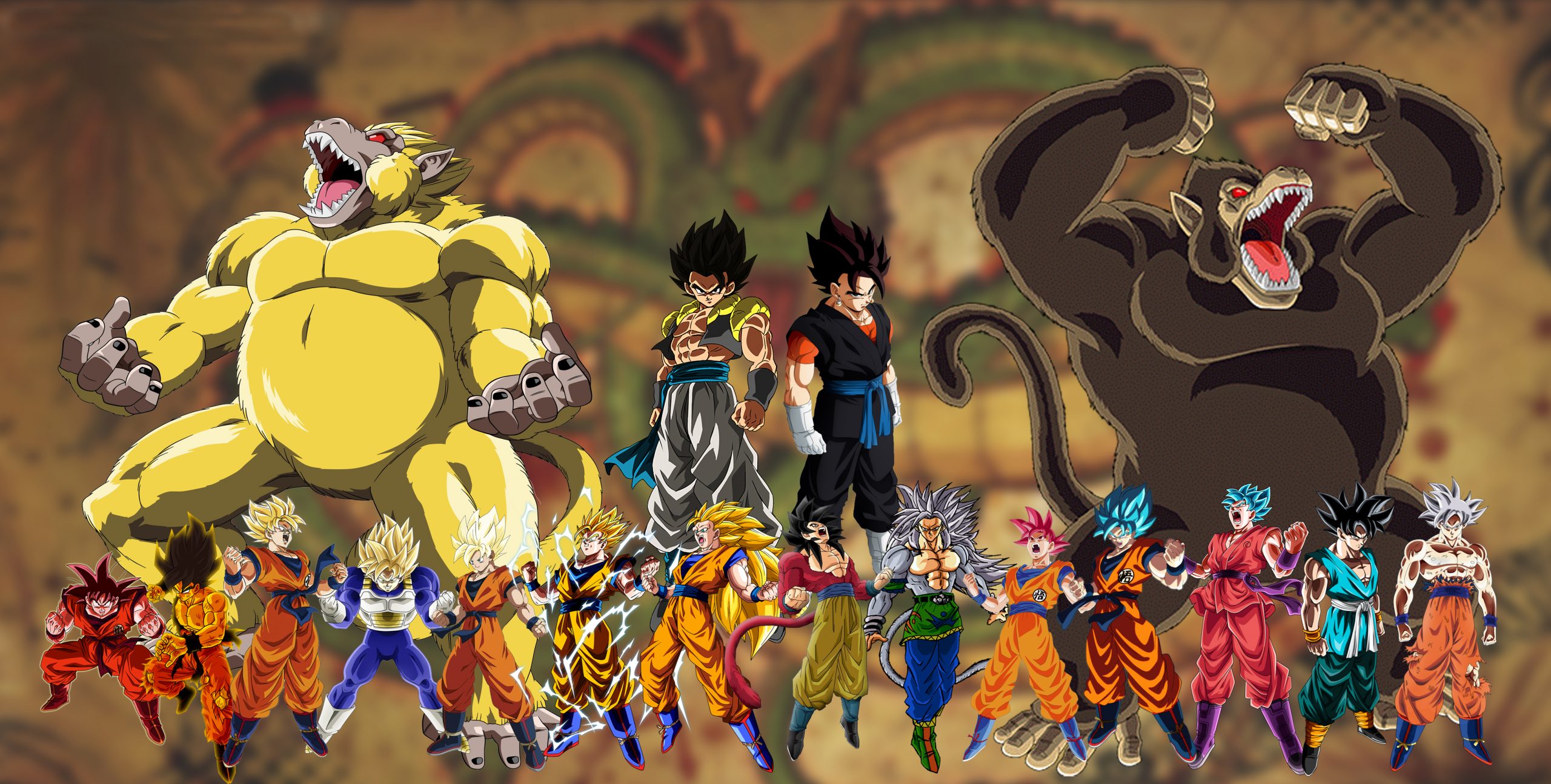 Kaio-Ken, False Saiyajin, Saiyajin 1, Ultra Saiyajin / Saiyajin Dai San Dankai / Saiyajin 1 Stage 3, Saiyajin Full Power, Saiyajin 2, Saiyajin 3, Saiyajin 4, Saiyajin 5, Saiyajin God, Saiyajin God Blue, Saiyajin God Blue Kaio-Ken, Ultra Instinct Kizashi, Ultra Instinct Mastered
