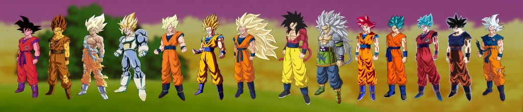 Kaiō-ken, False Saiyan, Saiyan 1, Ultra Saiyan / Saiyan Dai San Dankai / Saiyan 1 Third Grade, Saiyan Full Power, Saiyan 2, Saiyan 3, Saiyan 4, Saiyan 5, Saiyan God, Saiyan God Blue, Saiyan God Blue Kaiō-ken, Migatte no gokui Kizashi, Migatte no gokui Full